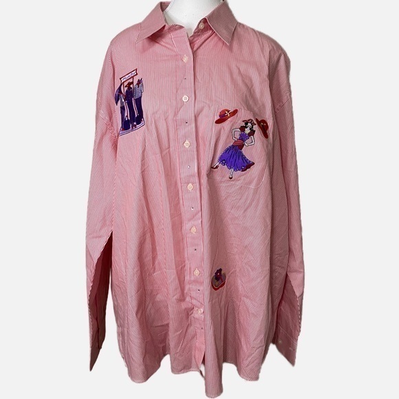 Las Olas Tops - Las Olas Red and White Striped Button Down Long Sleeve Shirt with Embroidery